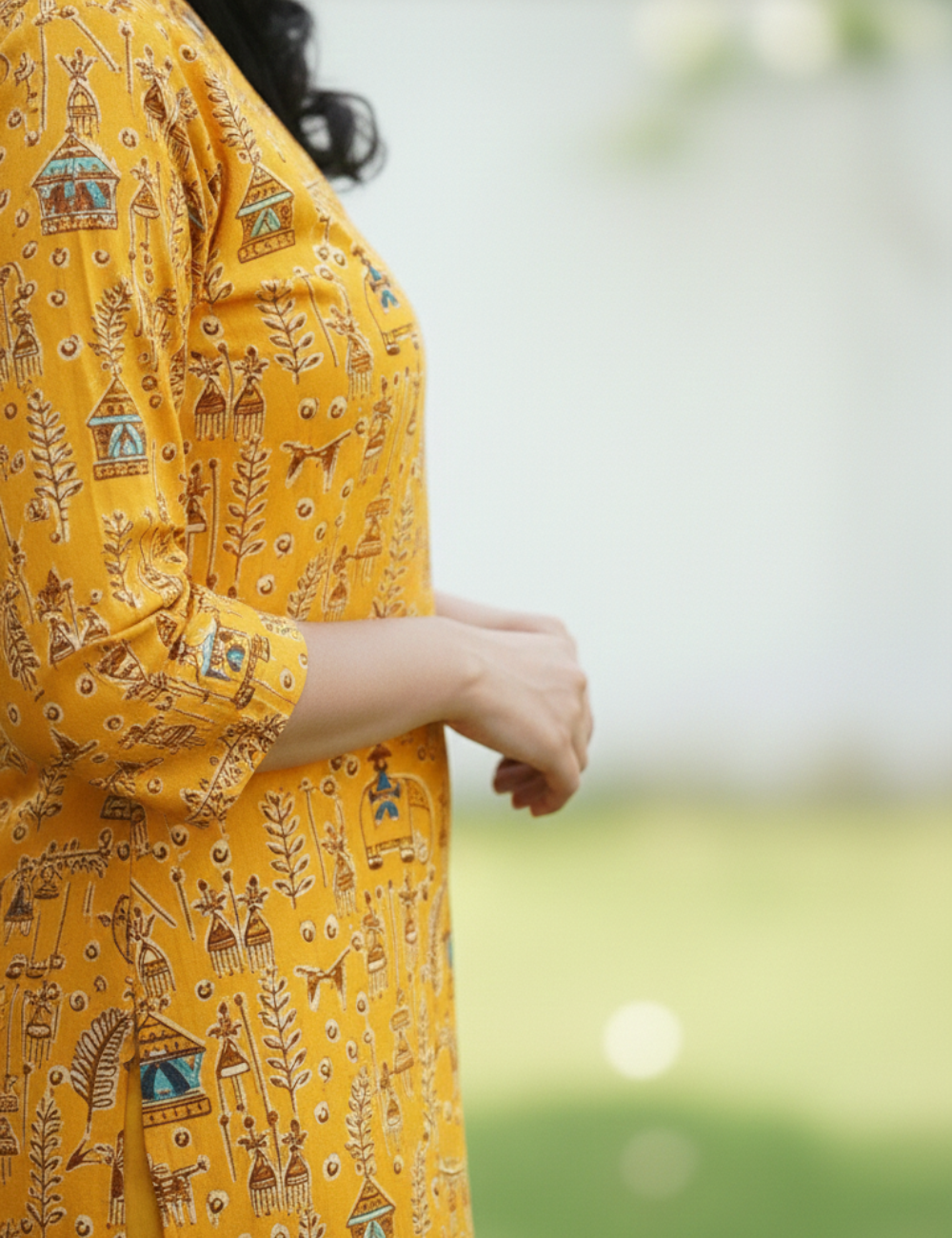 Mango Yellow Warli Print Cotton Kurti