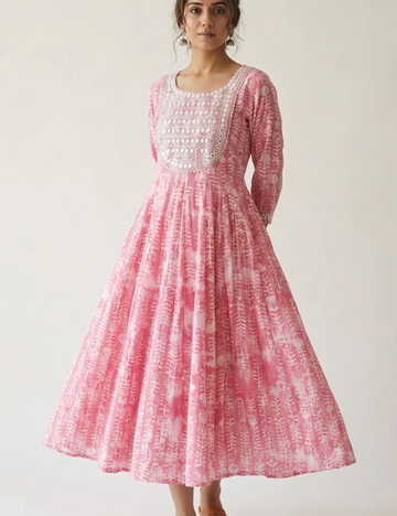 Pink Cotton with Yoke Work Umbrella Kurti