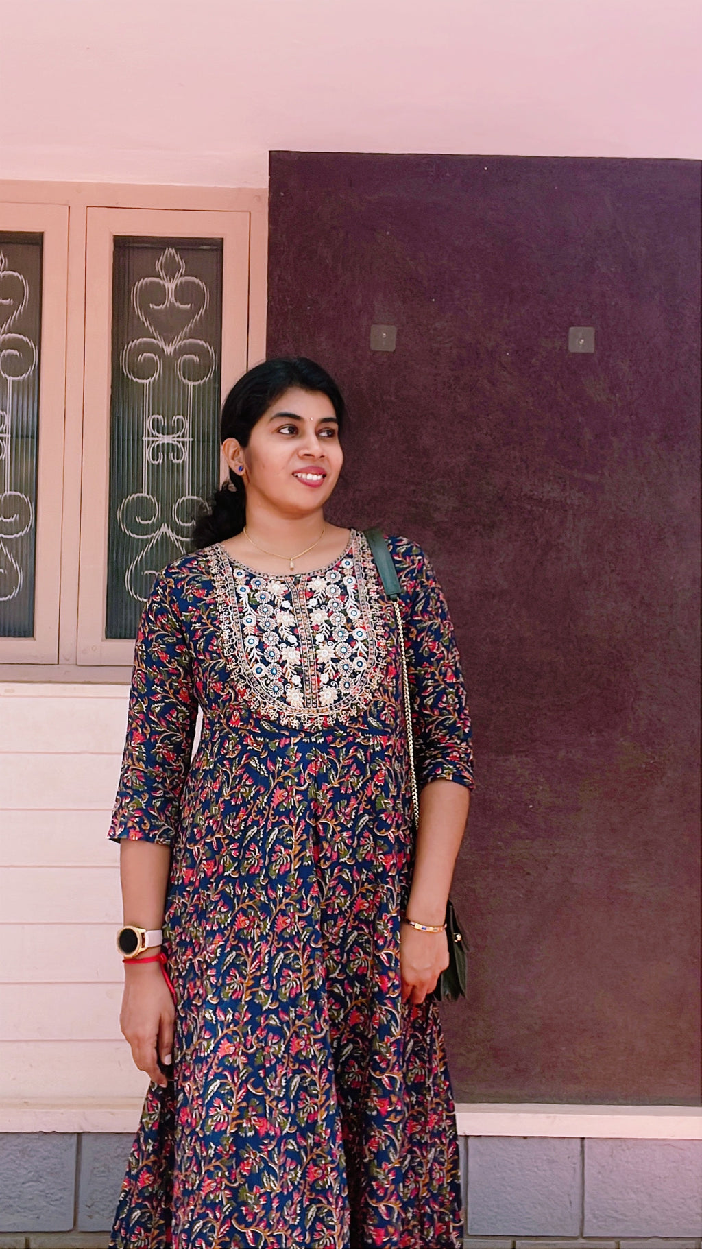 Kalamkari Anarkali Kurti- Dark blue with red