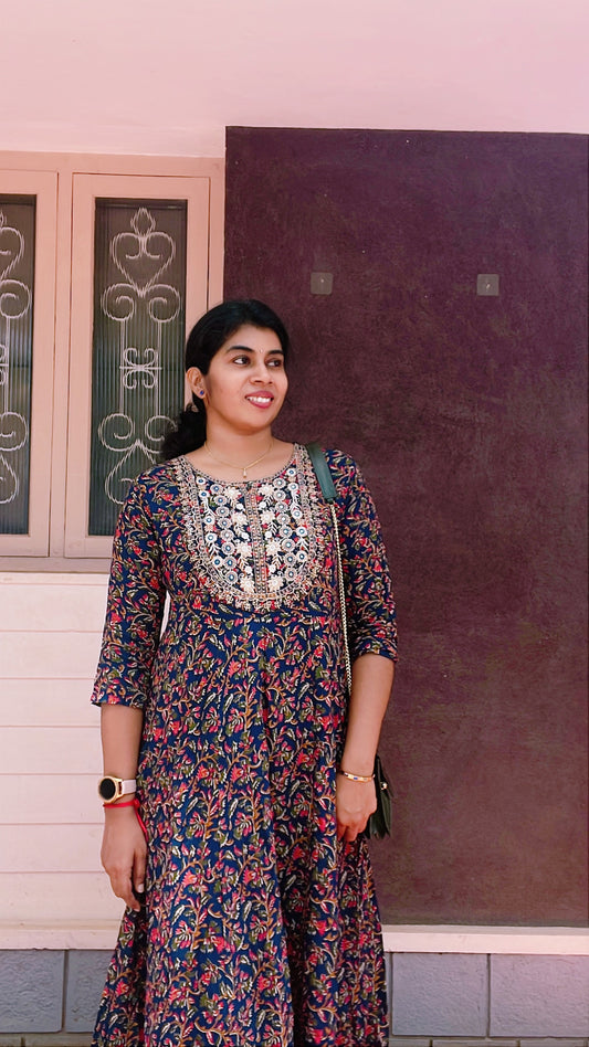 Kalamkari Anarkali Kurti- Dark blue with red