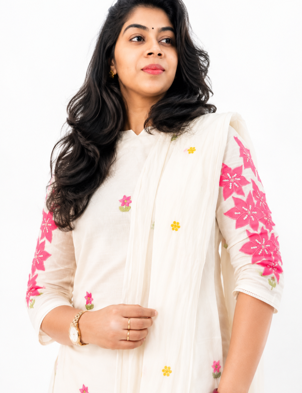 White Applique Cotton Suit Set