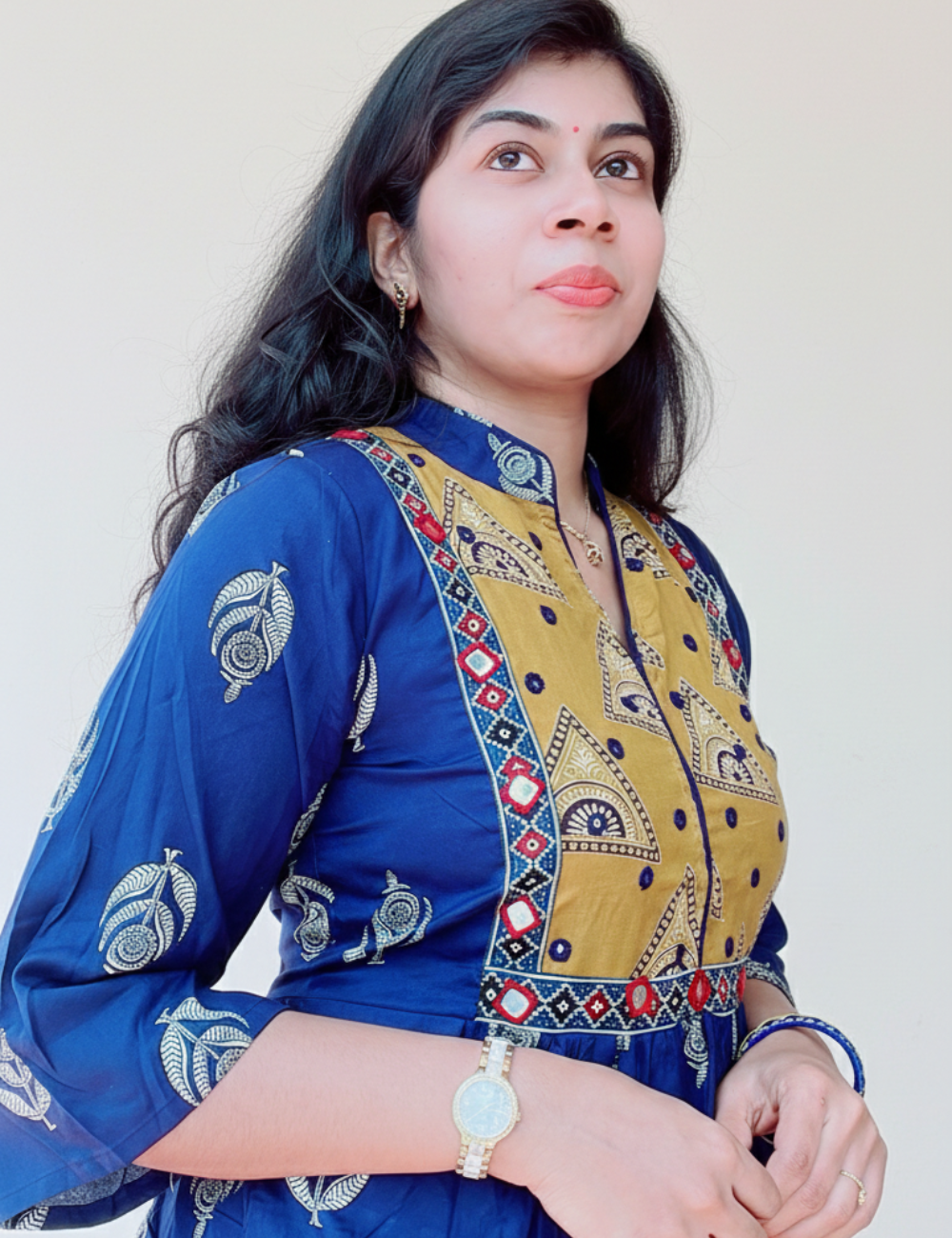 Blue With Yoke Patch Work and Mirror Work Cotton Anarkali Kurti