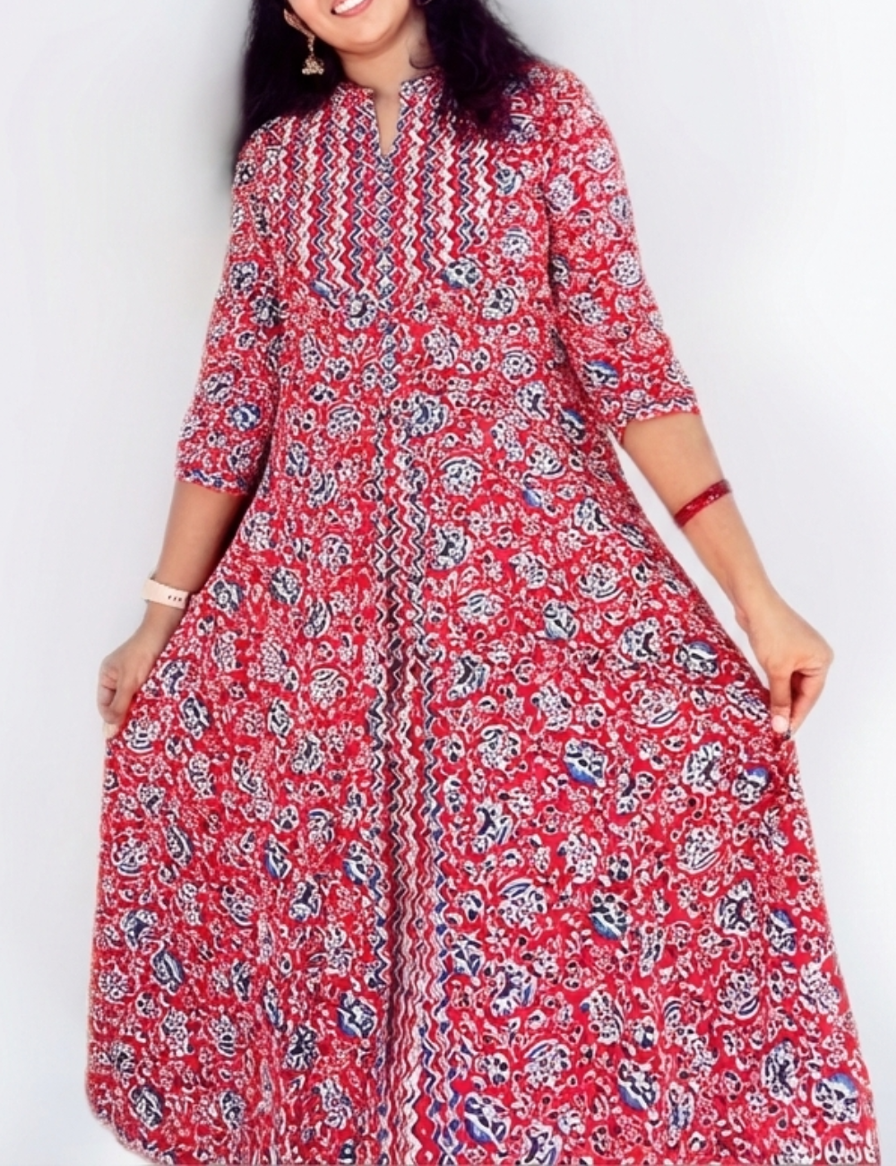 Red Zig Zag Anarkali Cotton Suit Set