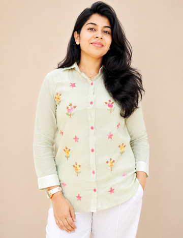 Pastel Green Mulchanderi Embroidered Short Top