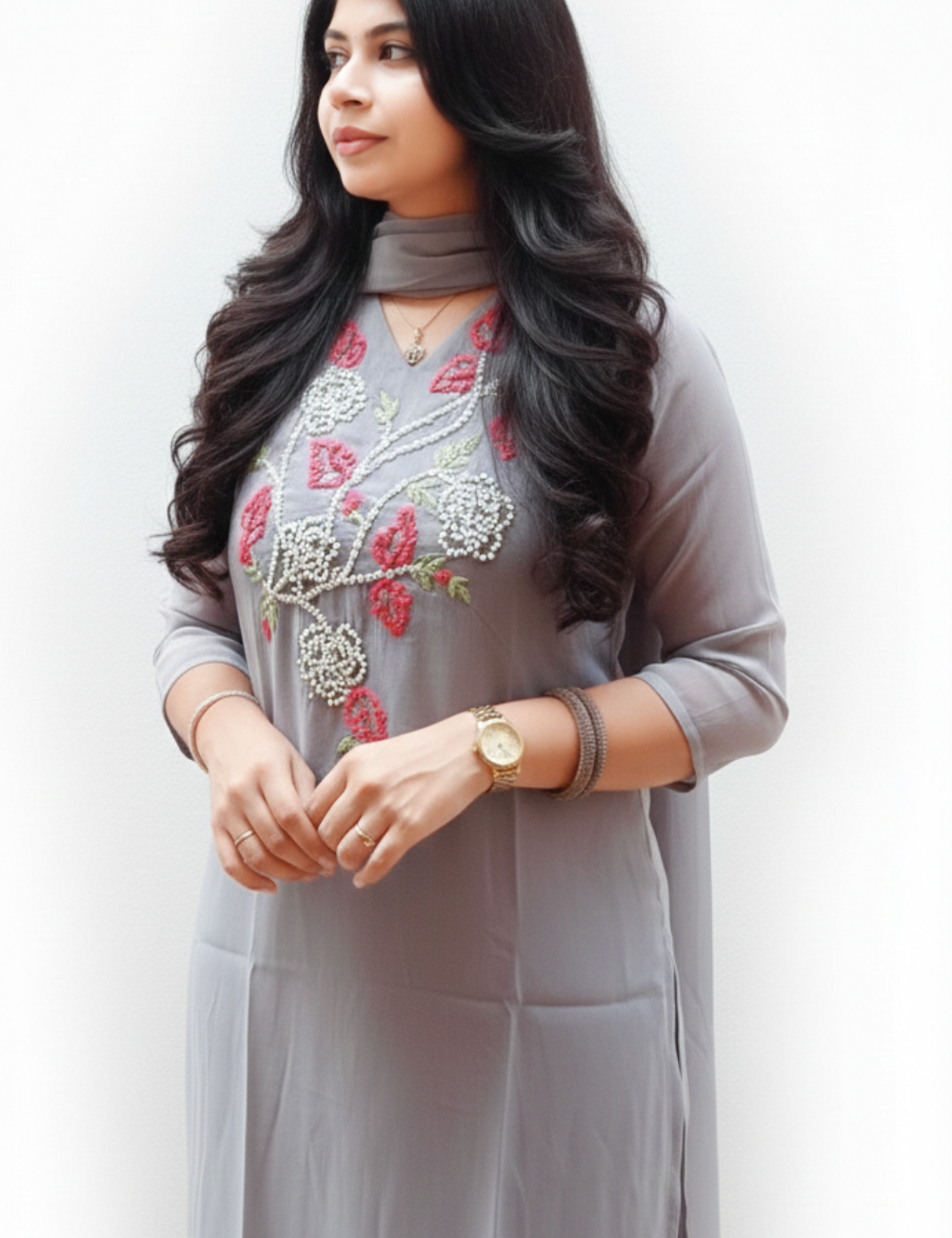 Grey Mul Chanderi With Yoke Embroidery Suit Set