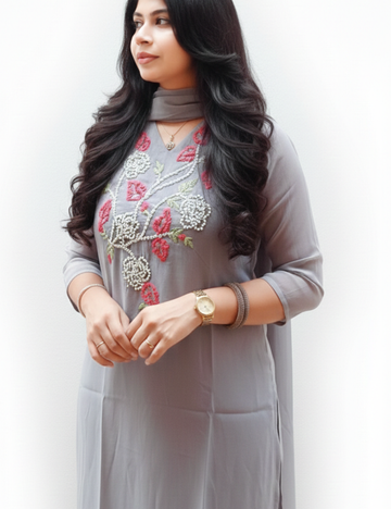 Grey Mul Chanderi With Yoke Embroidery Suit Set