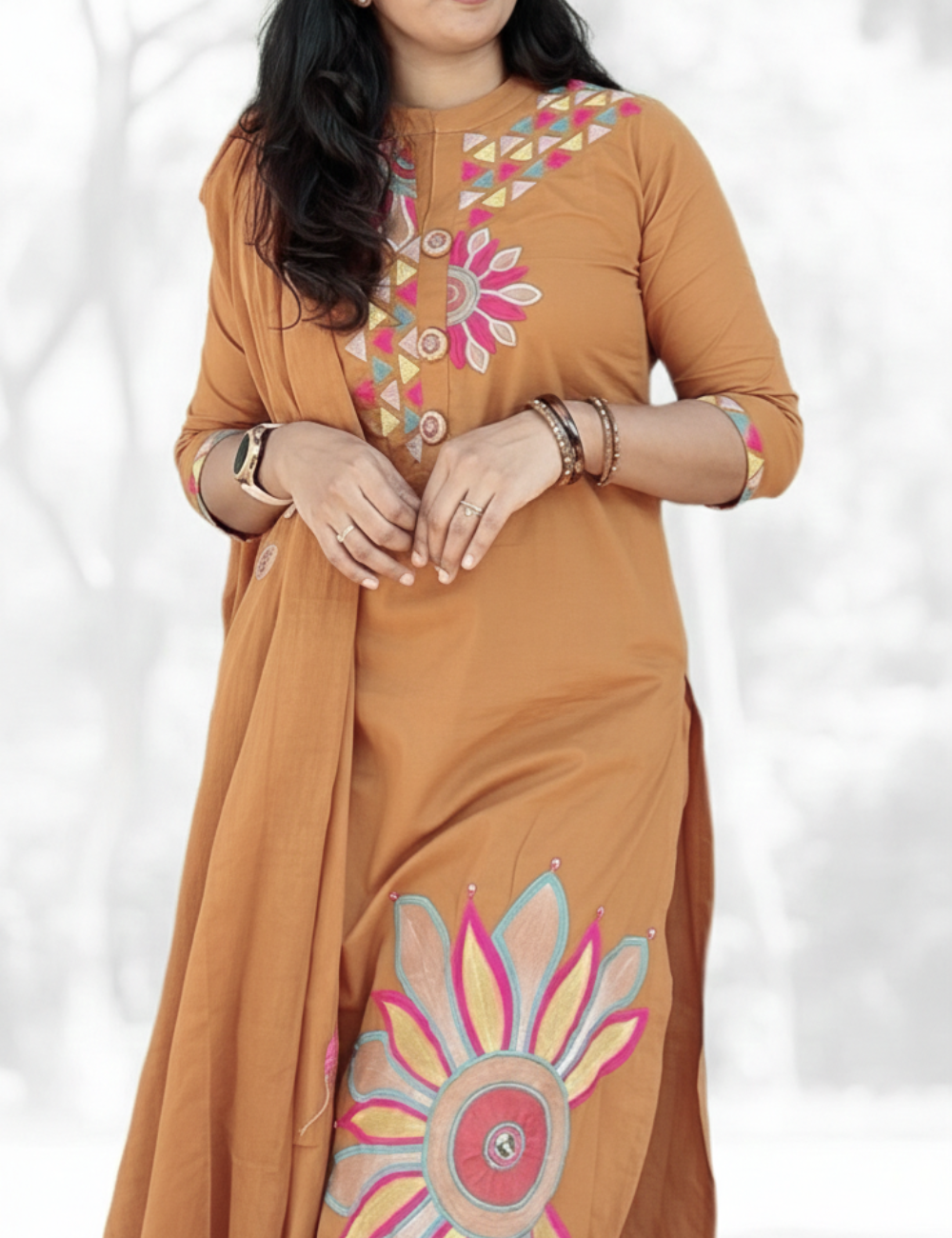 Light Brown Embroidered Cotton Suit Set