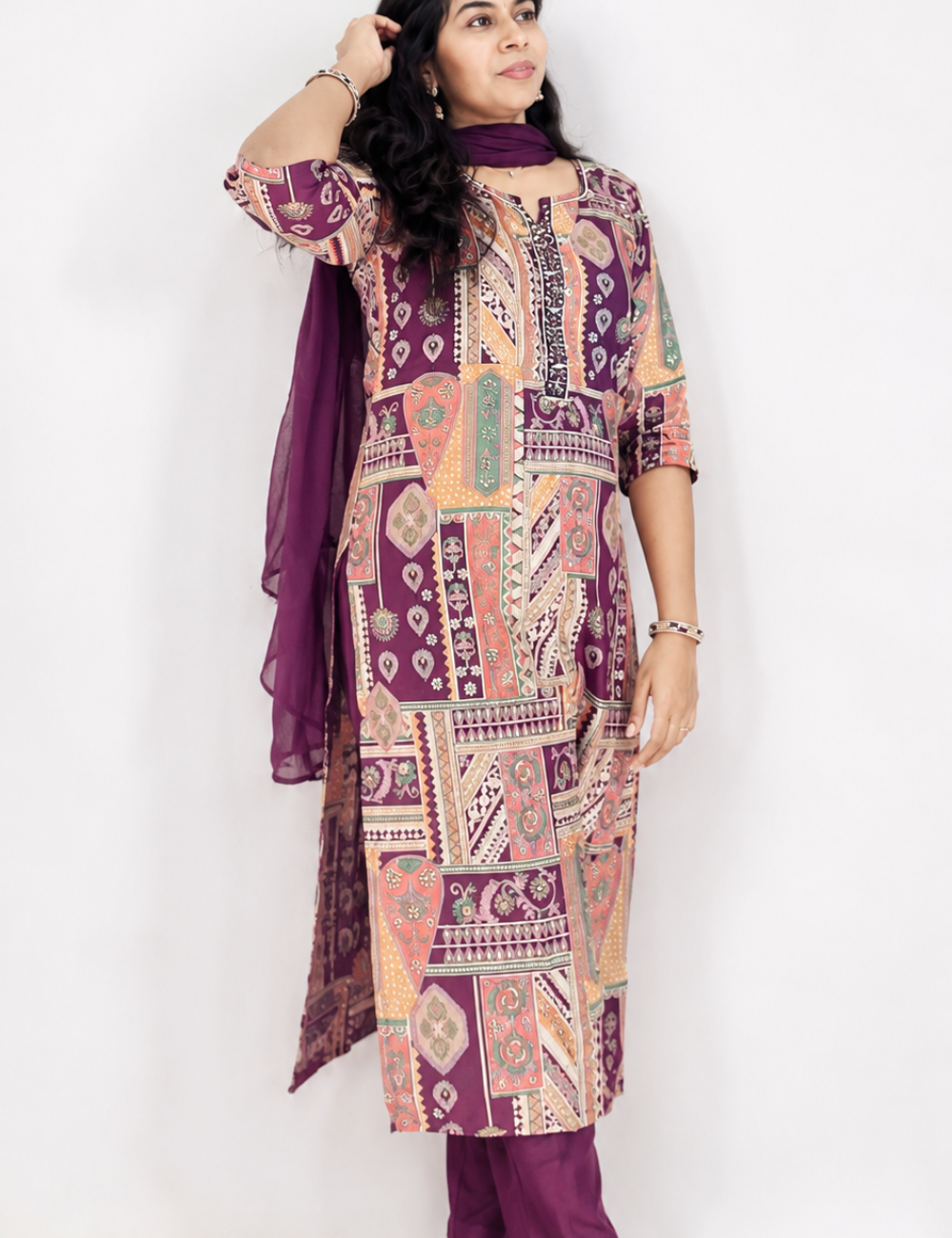 Purple Printed Suit Set