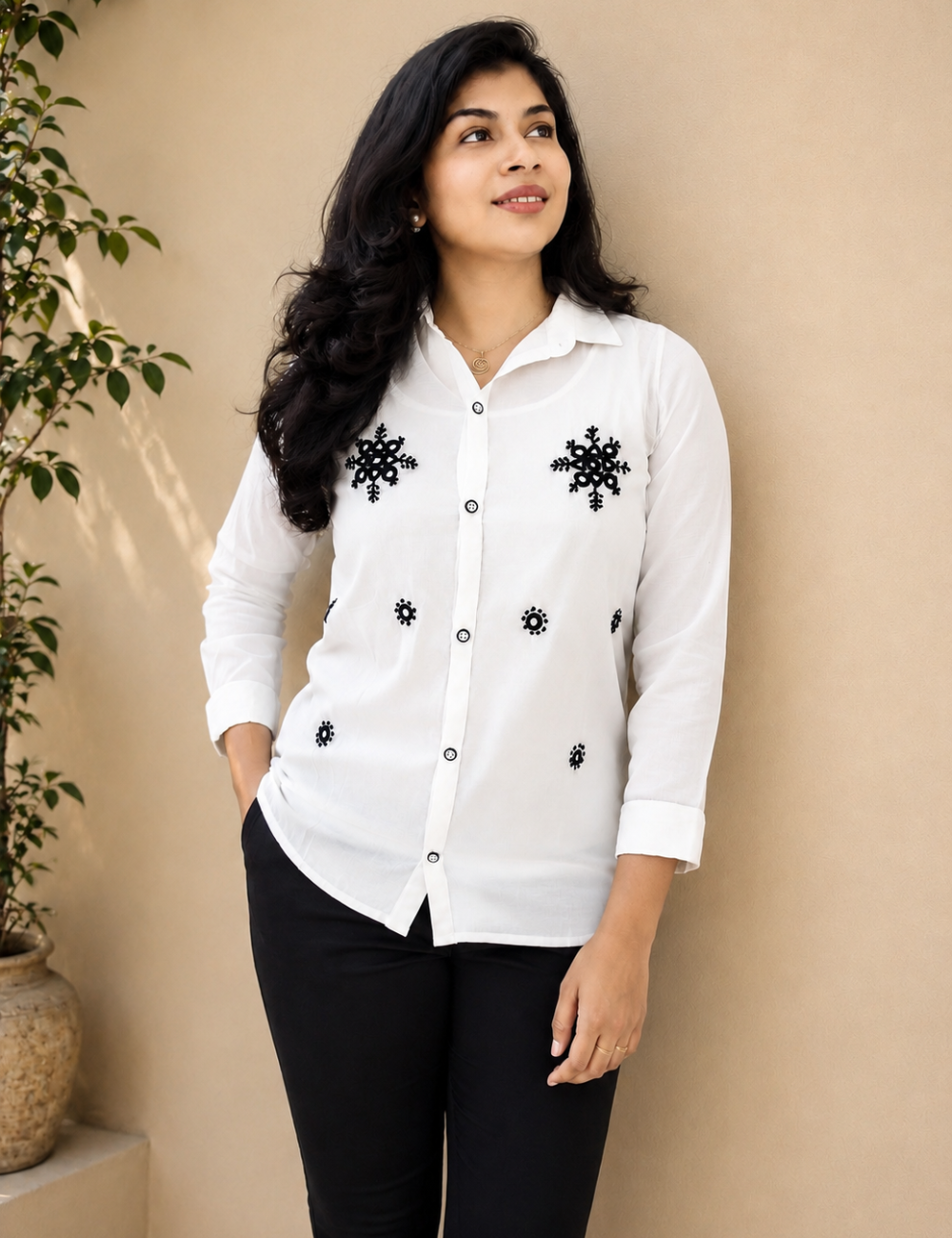 White Mul Chanderi Mirror and Enbroidery Work Short Top