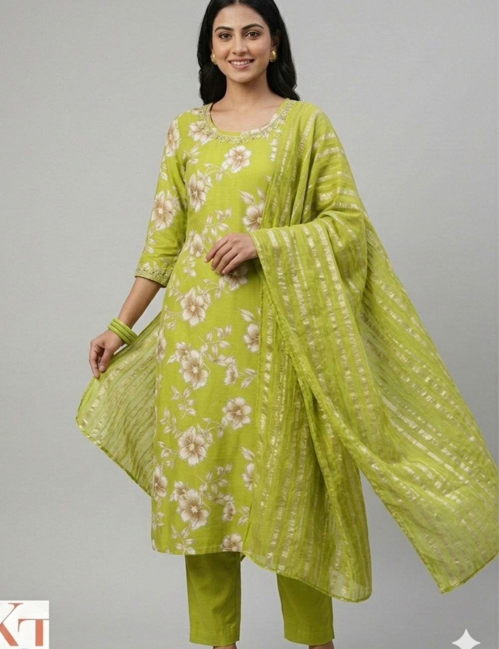 Light Green Mirror Work Roman Silk Suit Set