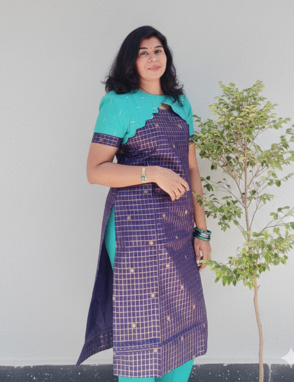 Dark Blue With Teal Green Raw Silk Kurti