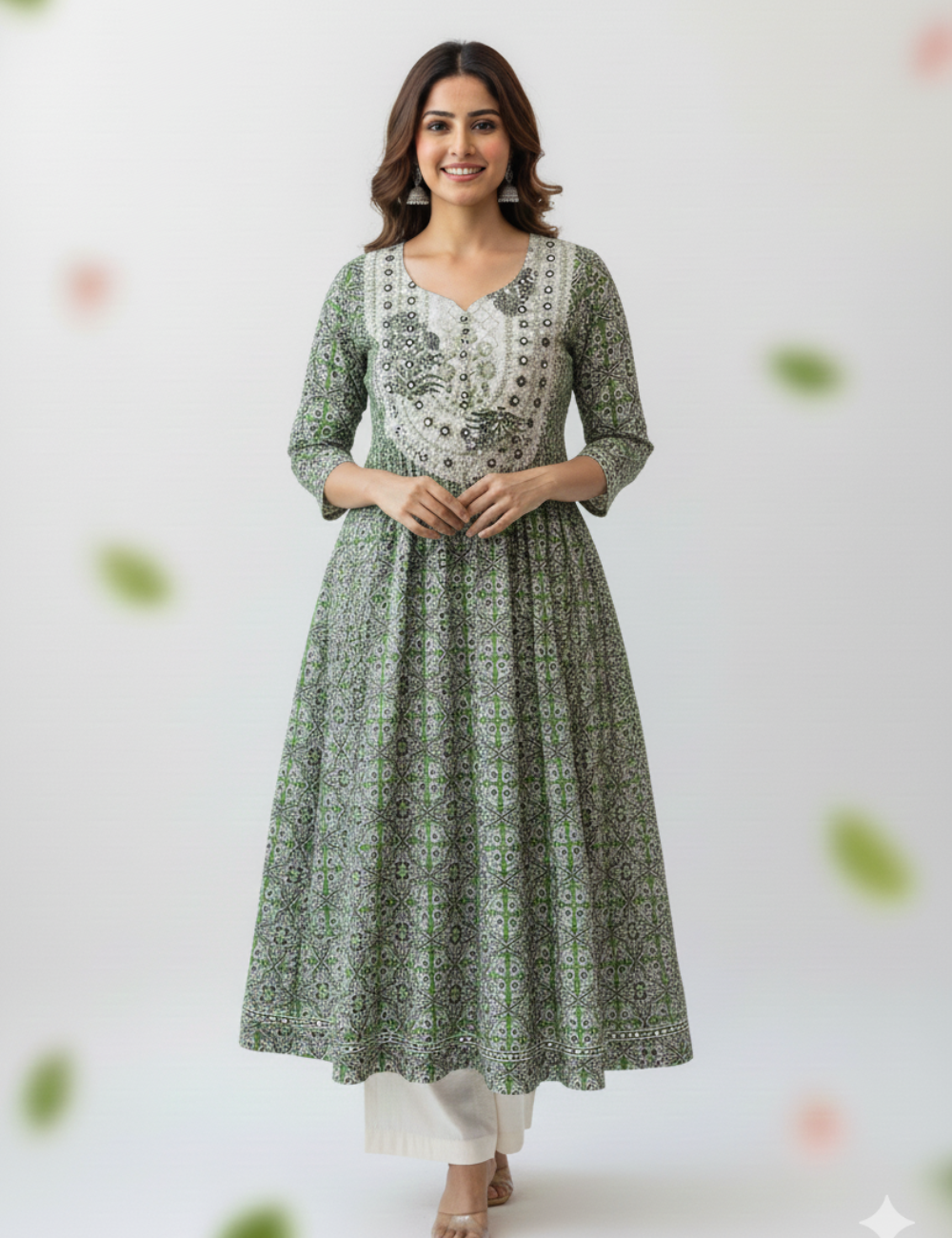 Olive Green With Embroidered Yoke Umbrella Cotton Kurti