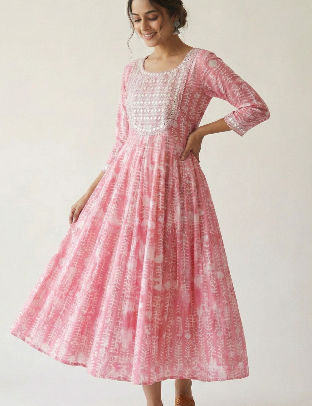 Pink Cotton with Yoke Work Umbrella Kurti