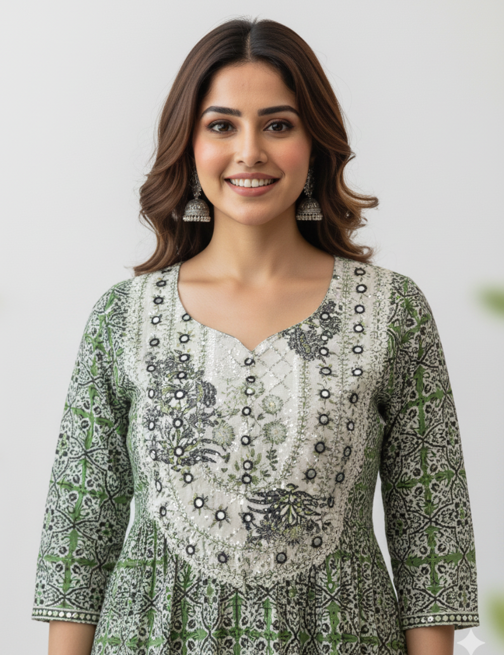 Olive Green With Embroidered Yoke Umbrella Cotton Kurti