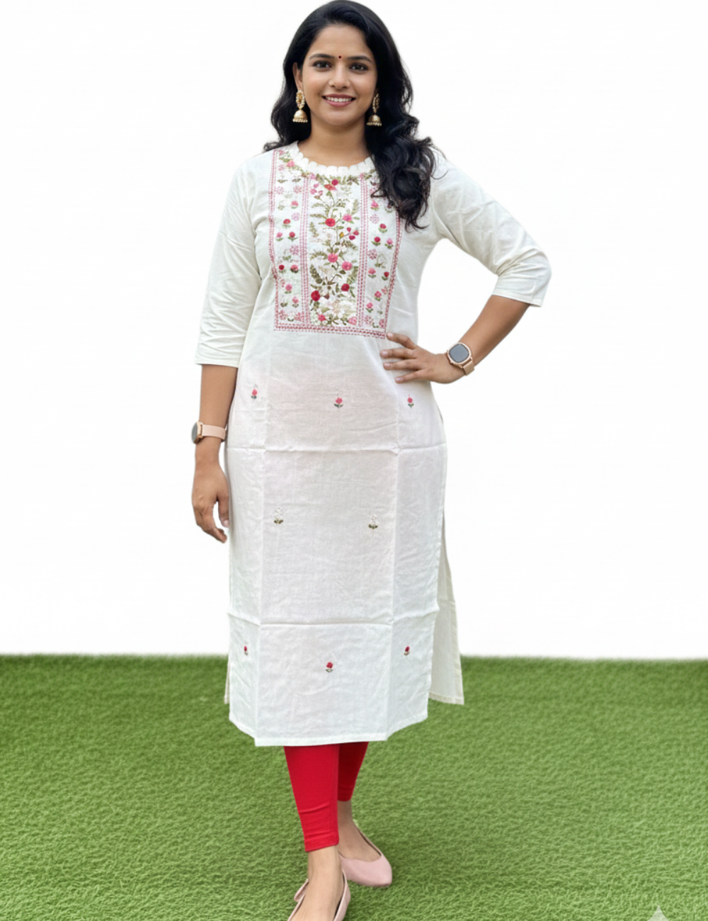 White Hand Embroidered Mul Cotton Kurti