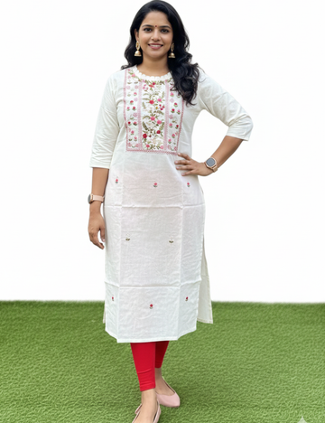White Hand Embroidered Mul Cotton Kurti
