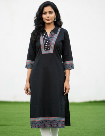Black Ajrakh Mirror Work Cotton Kurti