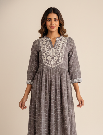 Grey and White Embroidered Rayon Cotton Anarkali Kurti