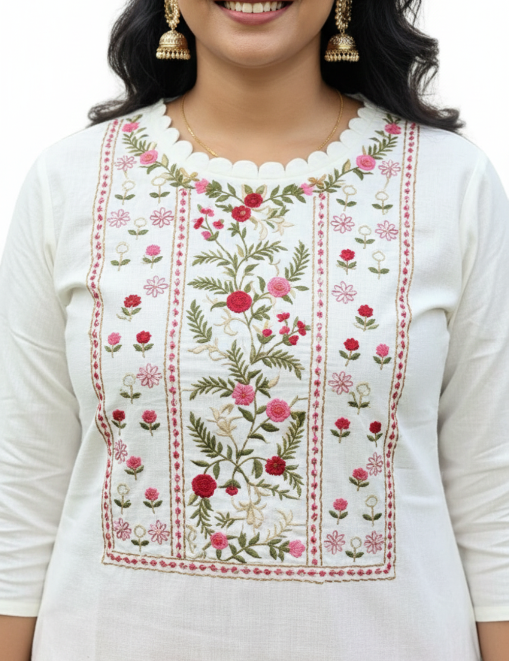 White Hand Embroidered Mul Cotton Kurti