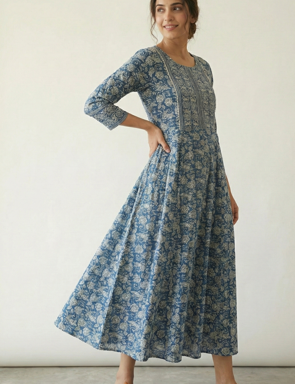 Light Navy Cotton Umbrella Kurti