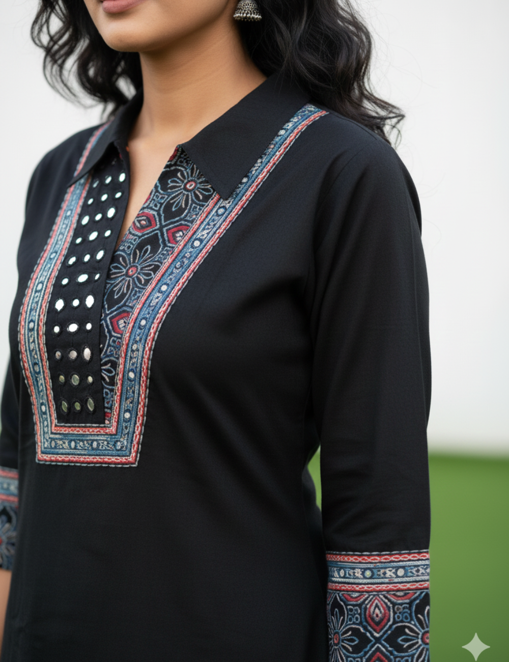 Black Ajrakh Mirror Work Cotton Kurti