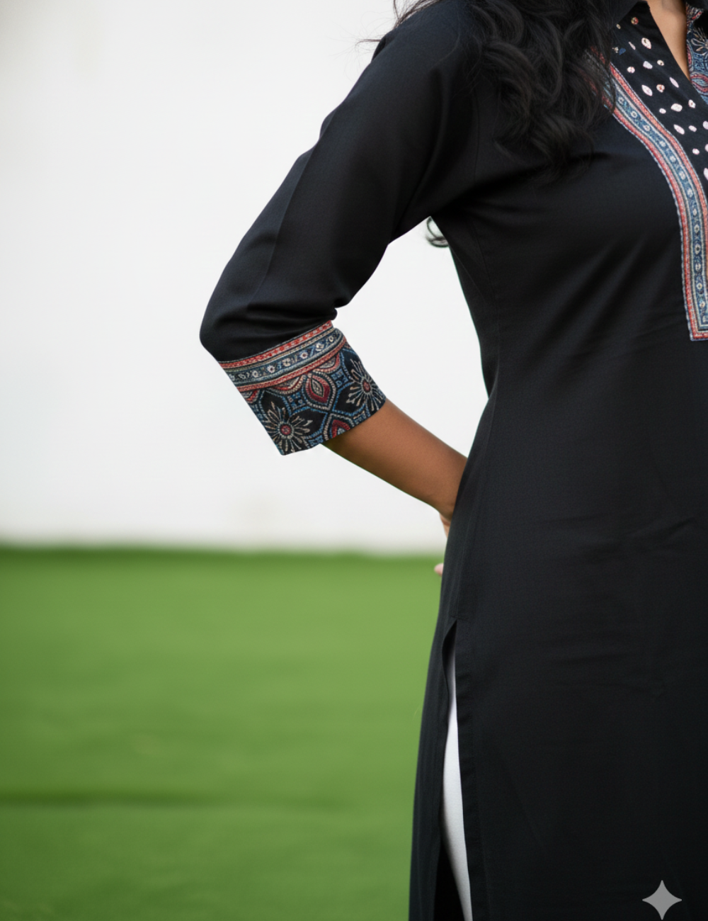 Black Ajrakh Mirror Work Cotton Kurti