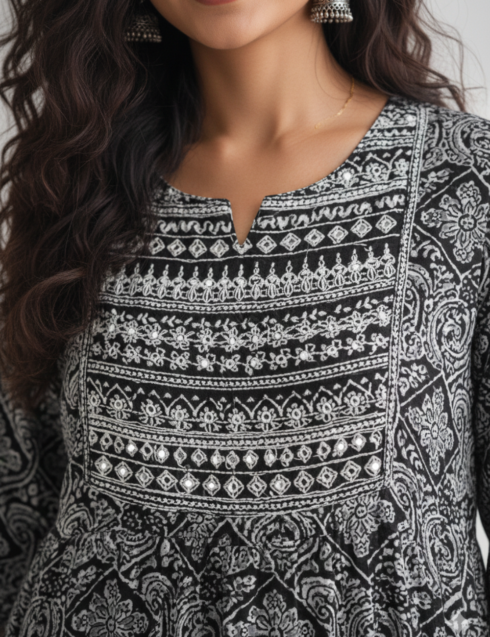 Black Kalamkari Print Rayon Cotton Umbrella Kurti