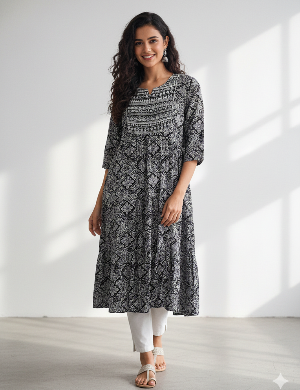 Black Kalamkari Print Rayon Cotton Umbrella Kurti