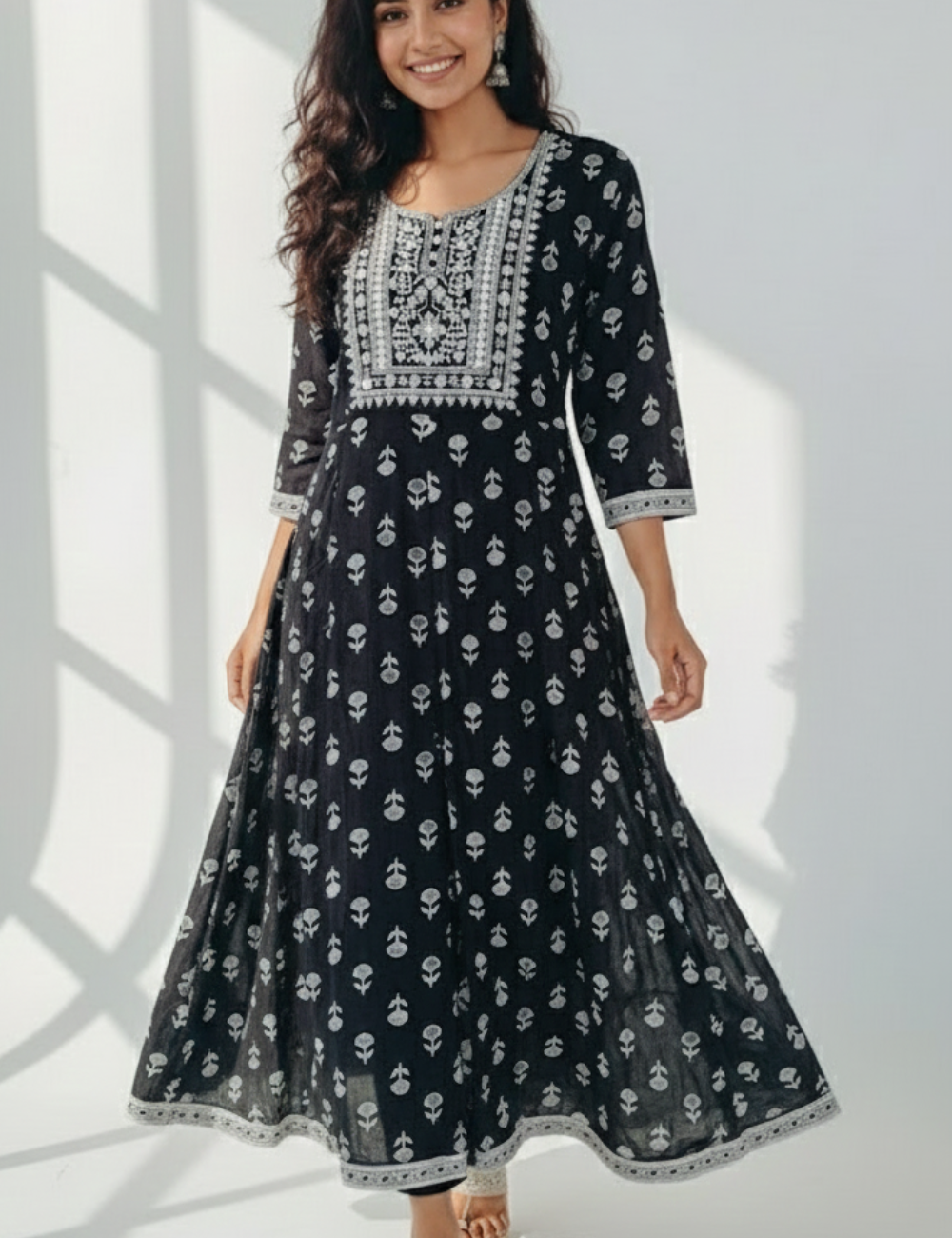 Pure Black and White Umbrella Cotton Kurti