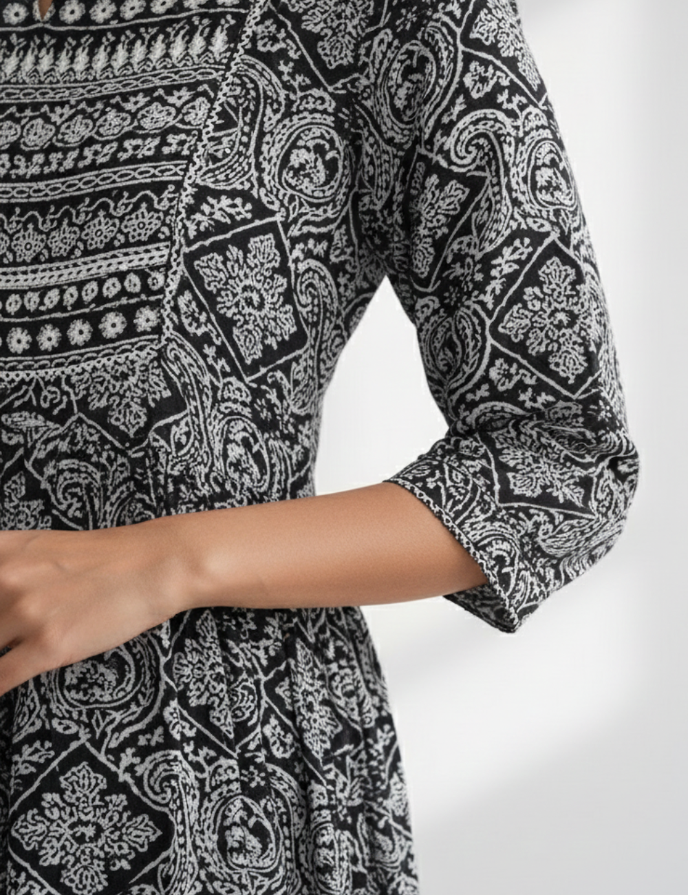 Black Kalamkari Print Rayon Cotton Umbrella Kurti