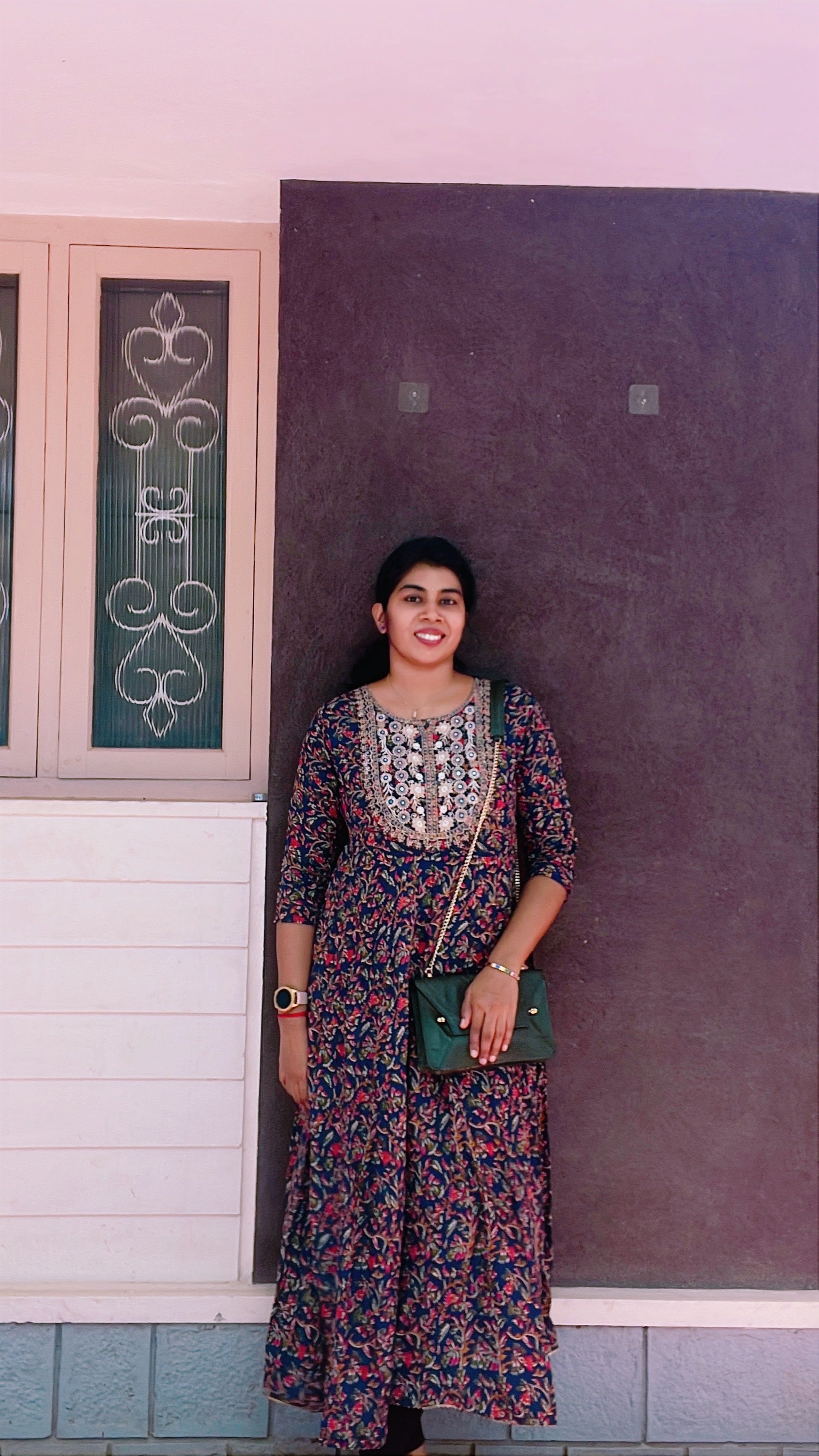 Kalamkari Anarkali Kurti- Dark blue with red