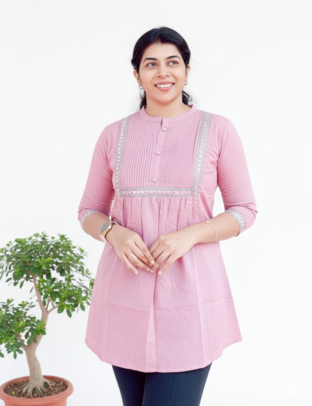 Light Pink With Yoke Work Cotton Short Kurti
