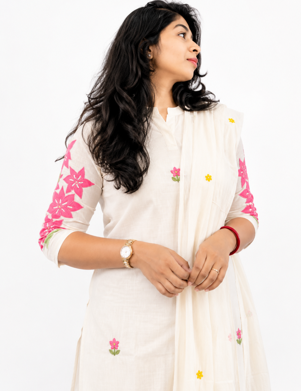 White Applique Cotton Suit Set