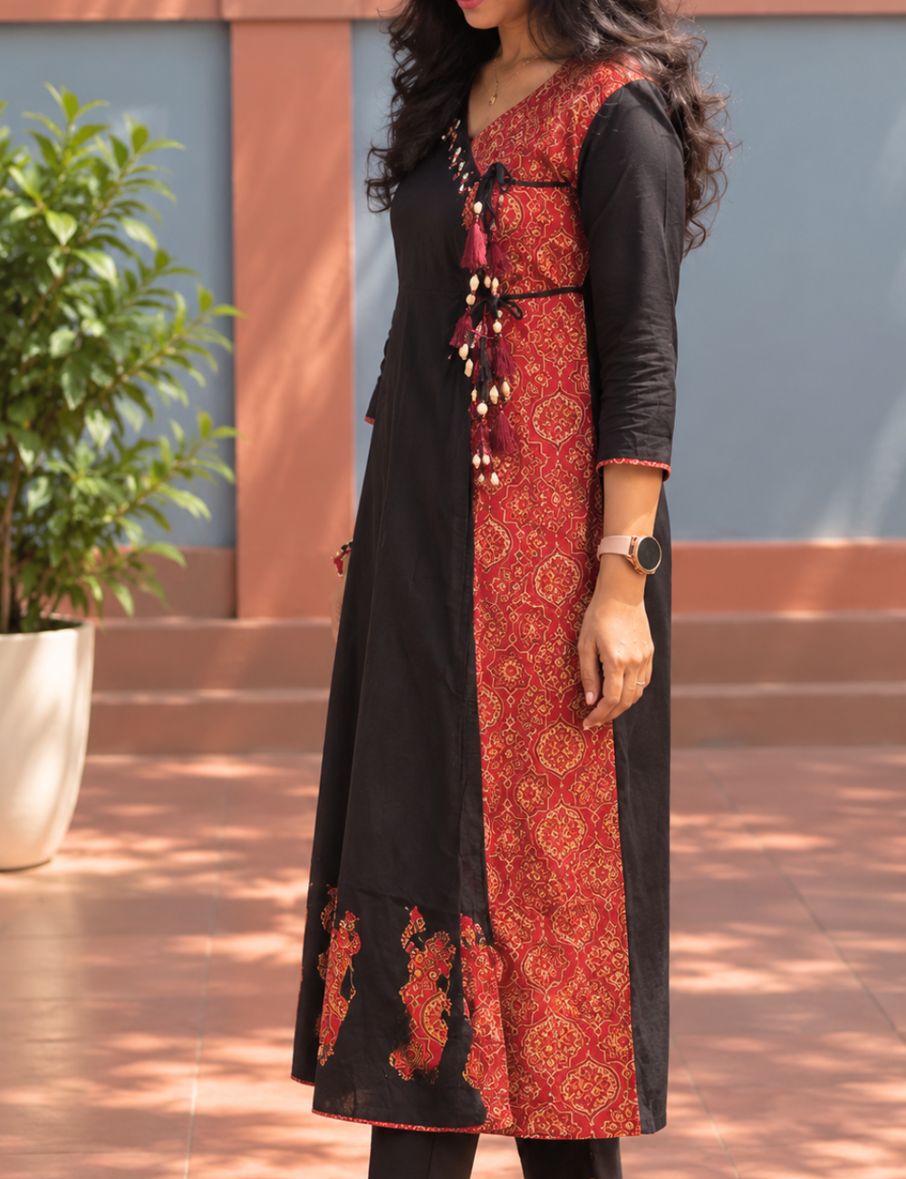 Black and Red Angrakha Kurti with Pant