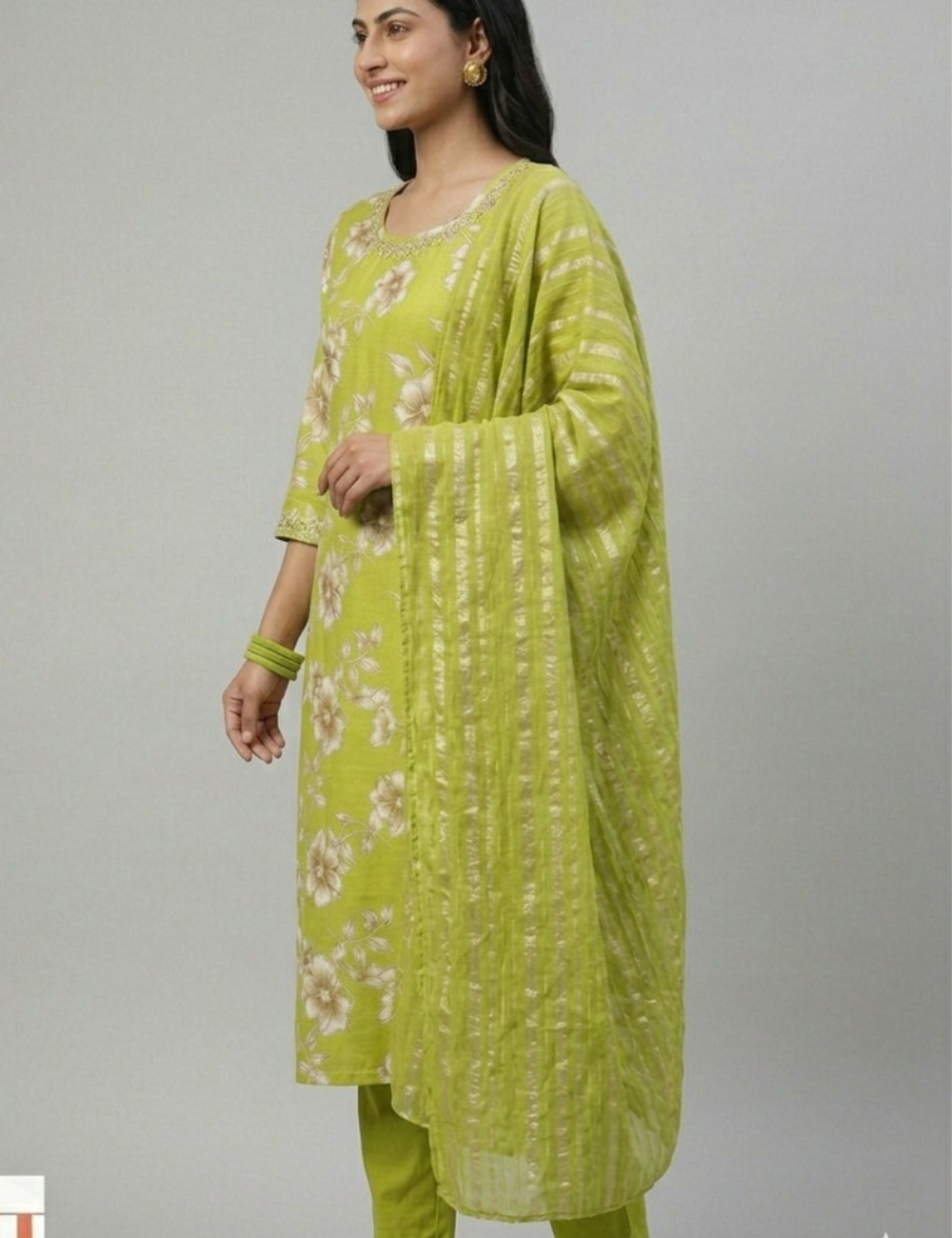 Light Green Mirror Work Roman Silk Suit Set