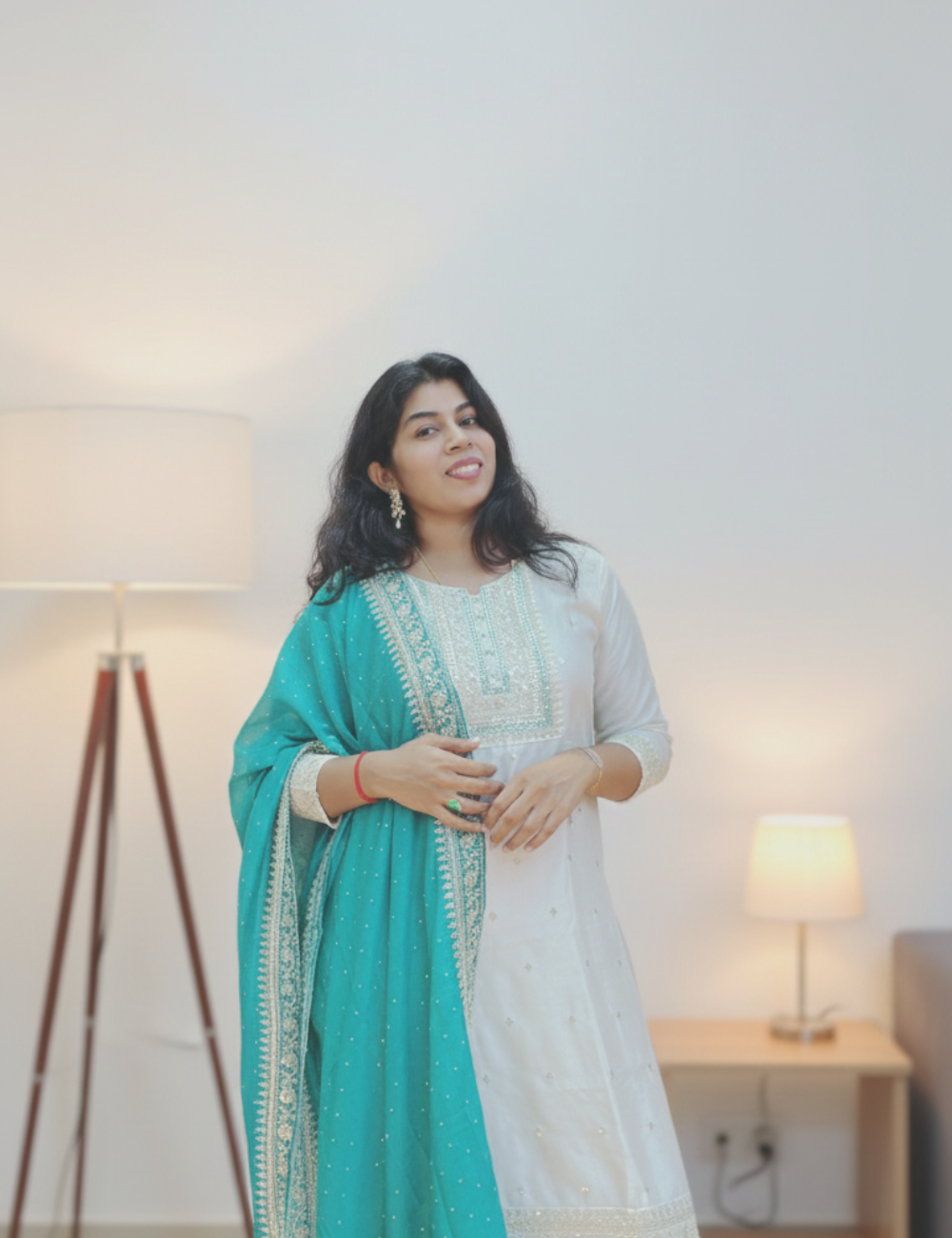 White and Teal Blue Chamki Work Silk Suit Set