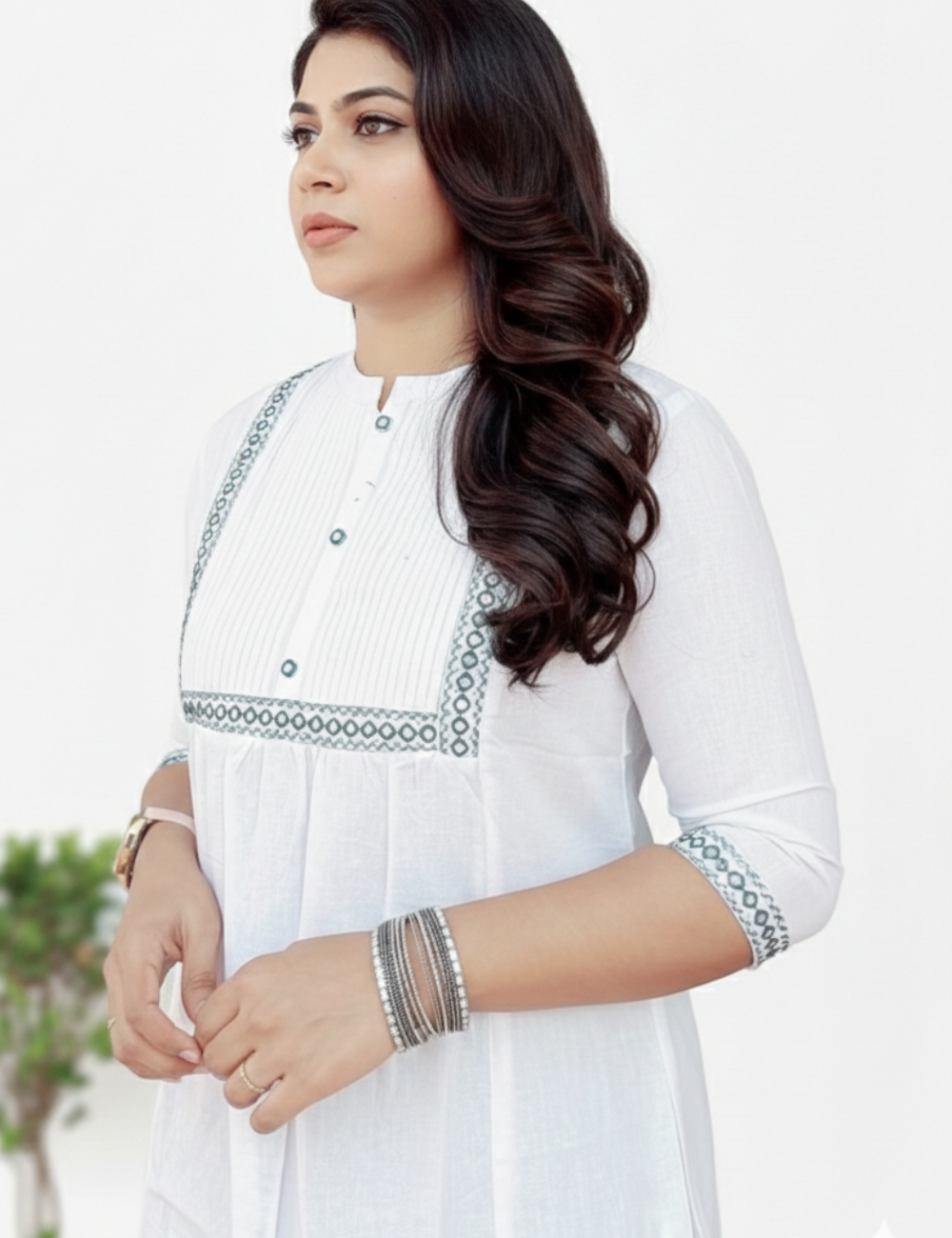 White With Yoke Work Cotton Short Kurti