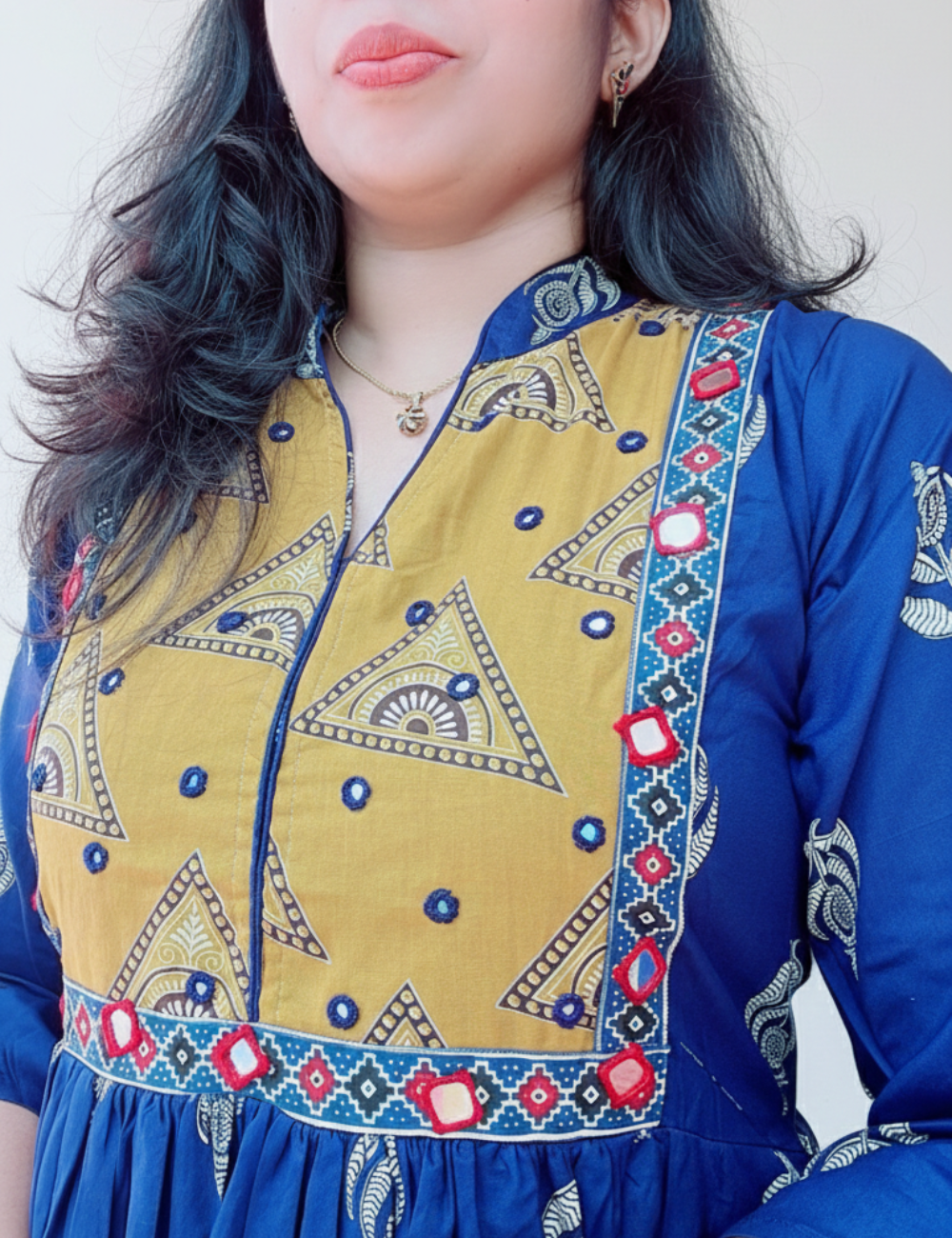 Blue With Yoke Patch Work and Mirror Work Cotton Anarkali Kurti