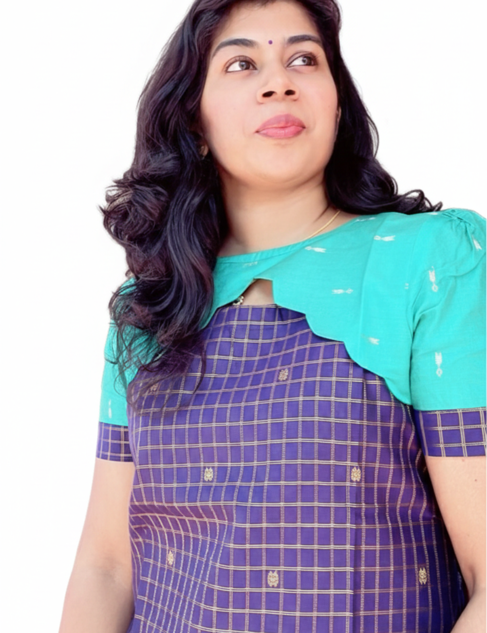 Dark Blue With Teal Green Raw Silk Kurti