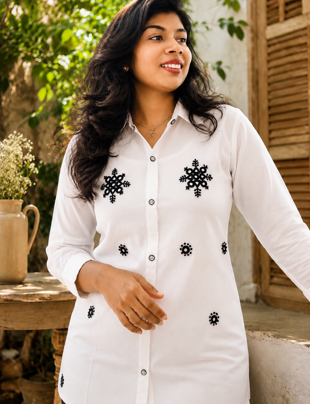White Mul Chanderi Mirror and Enbroidery Work Short Top