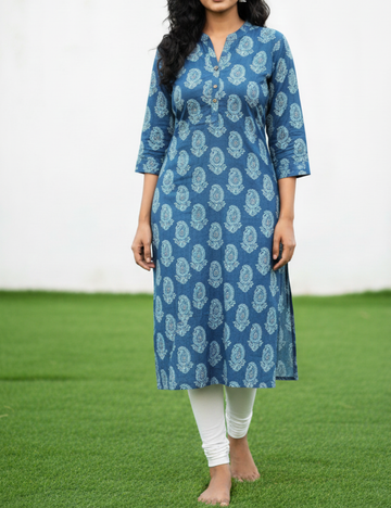Blue with White Print Cotton Kurti