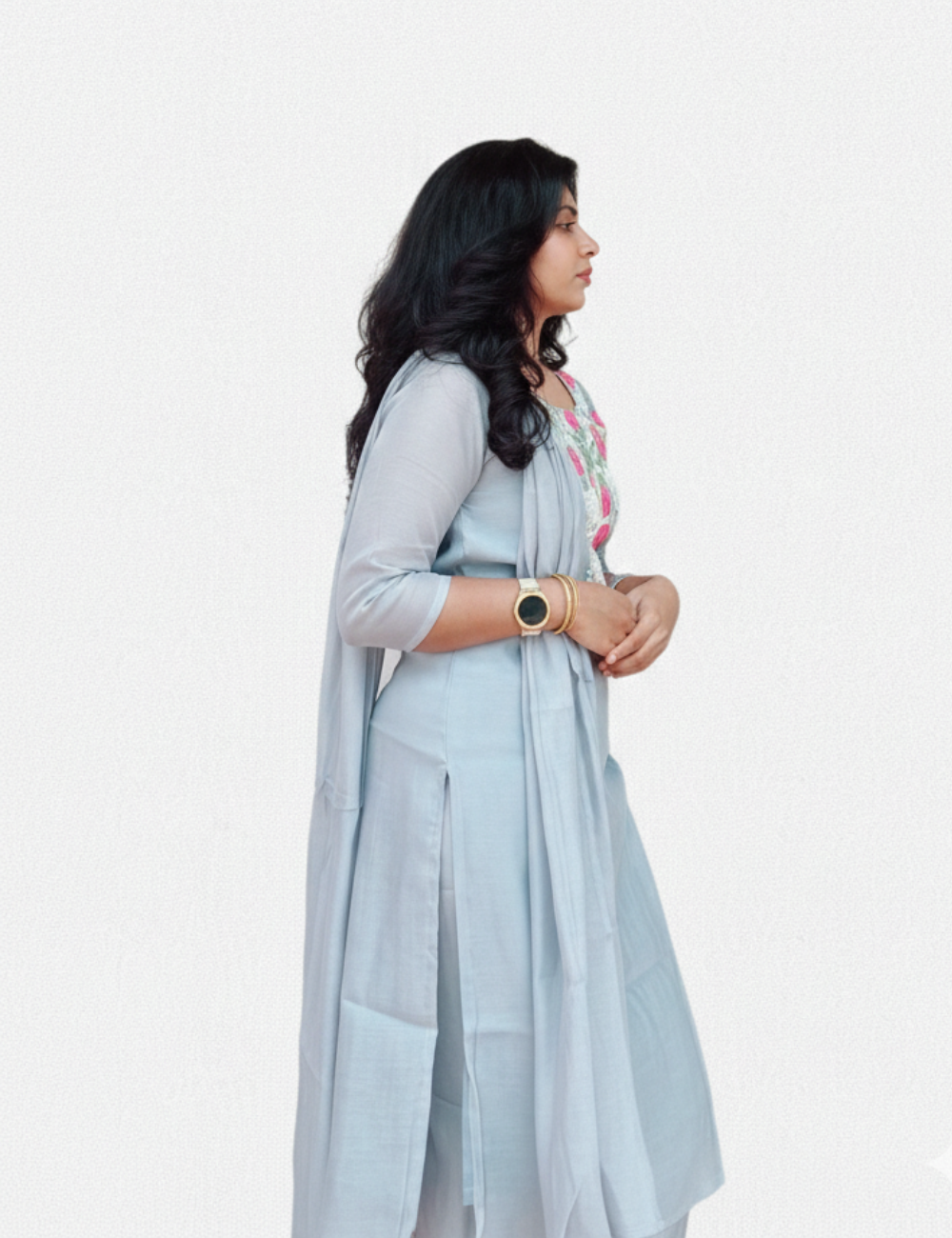 Grey Mul Chanderi With Yoke Embroidery Suit Set