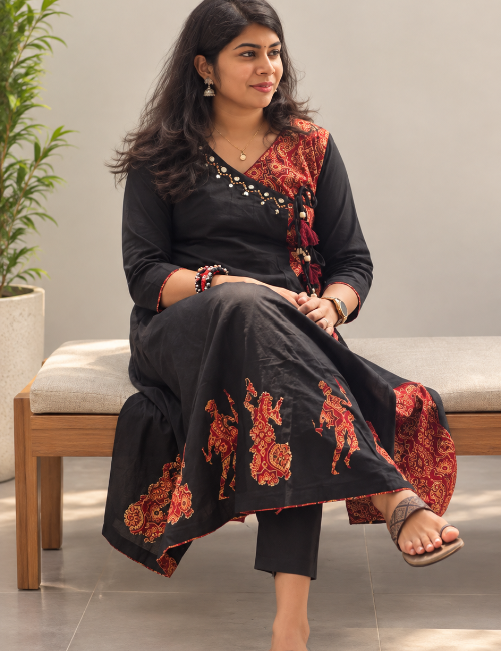 Black and Red Angrakha Kurti with Pant