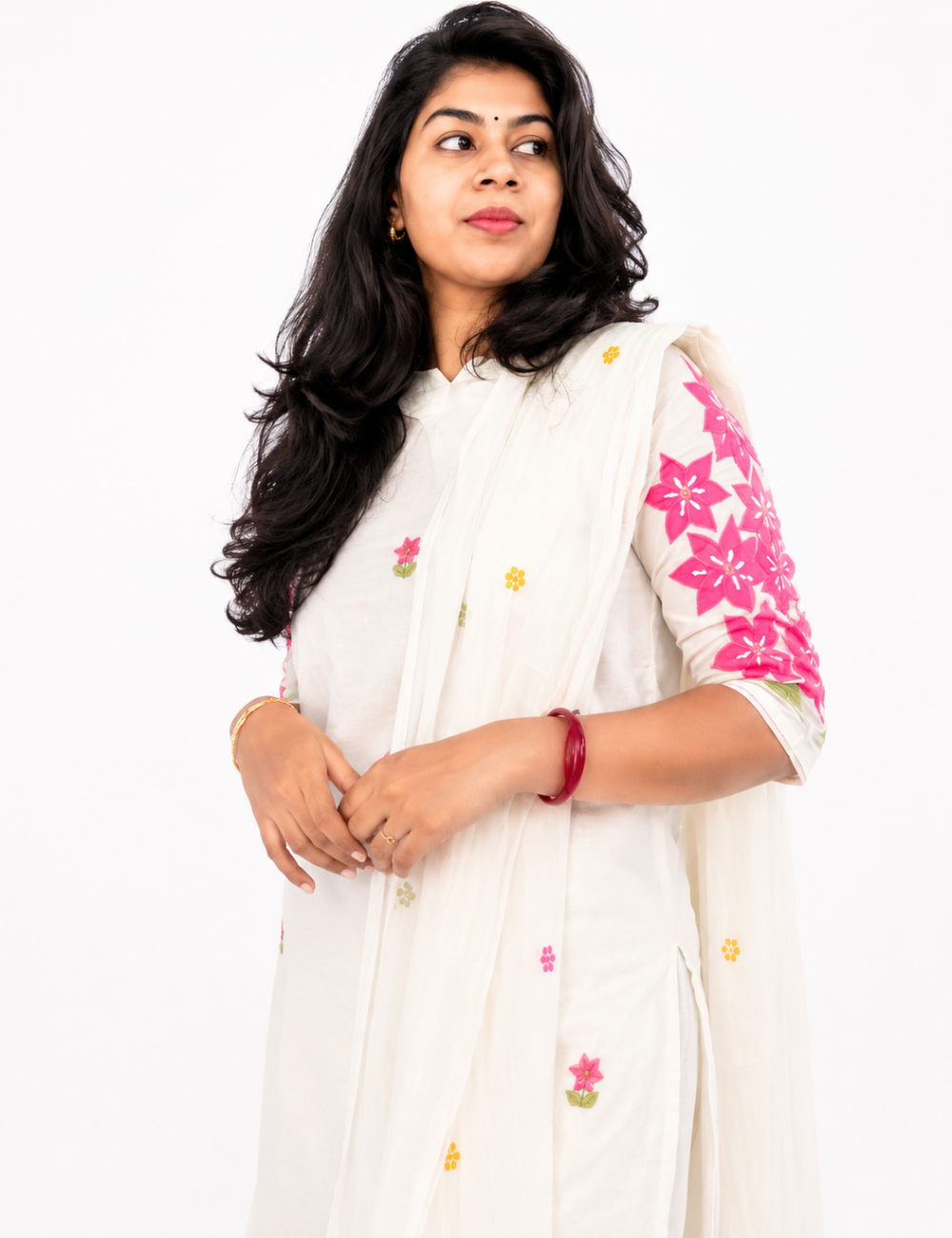 White Applique Cotton Suit Set