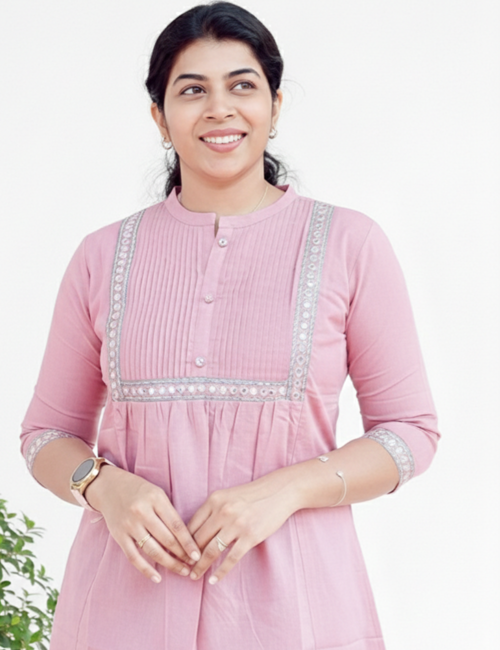 Light Pink With Yoke Work Cotton Short Kurti