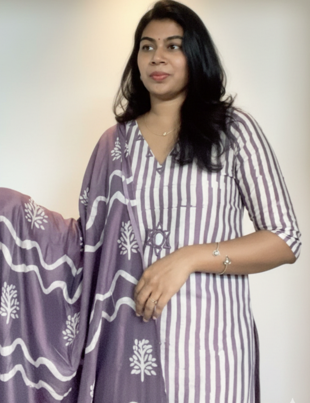 Batik Print Lavender Mirror Work Suit Set