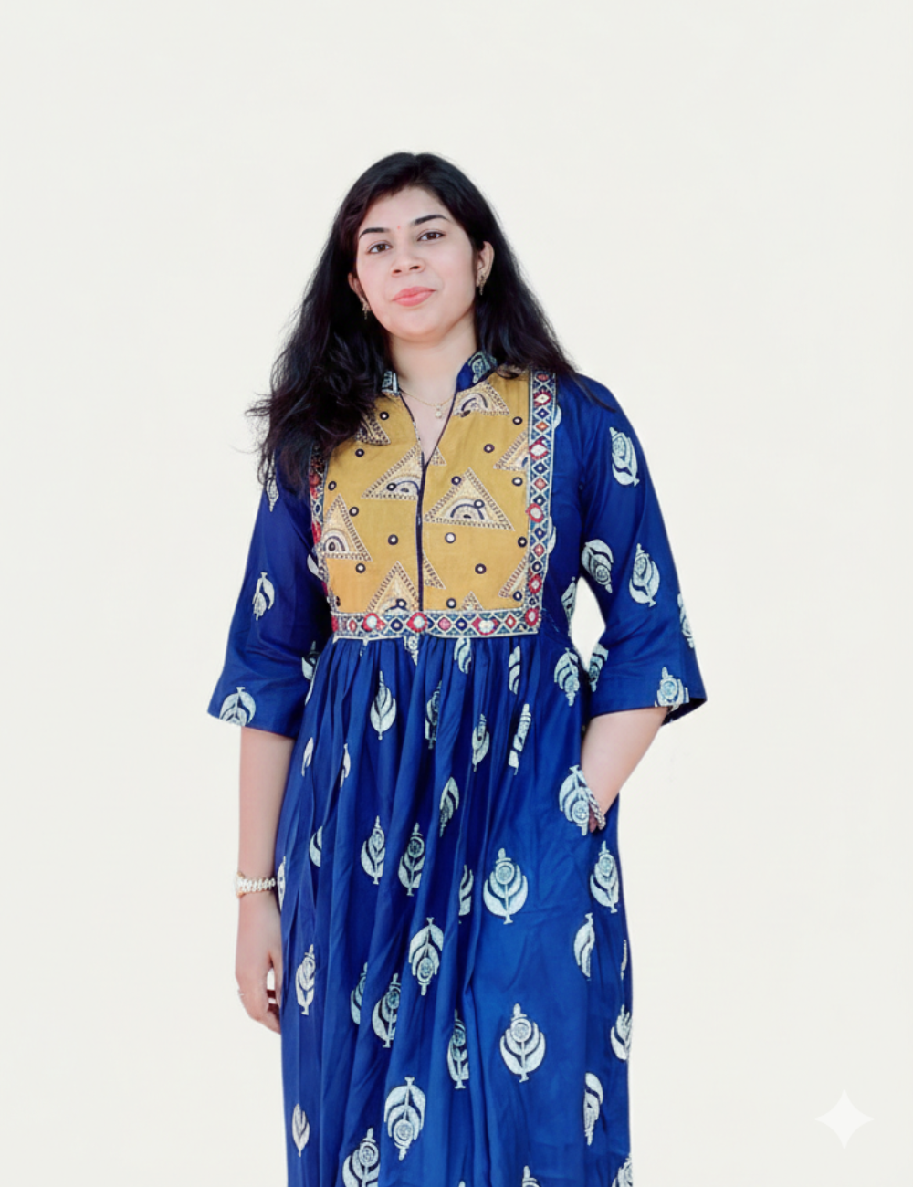Blue With Yoke Patch Work and Mirror Work Cotton Anarkali Kurti