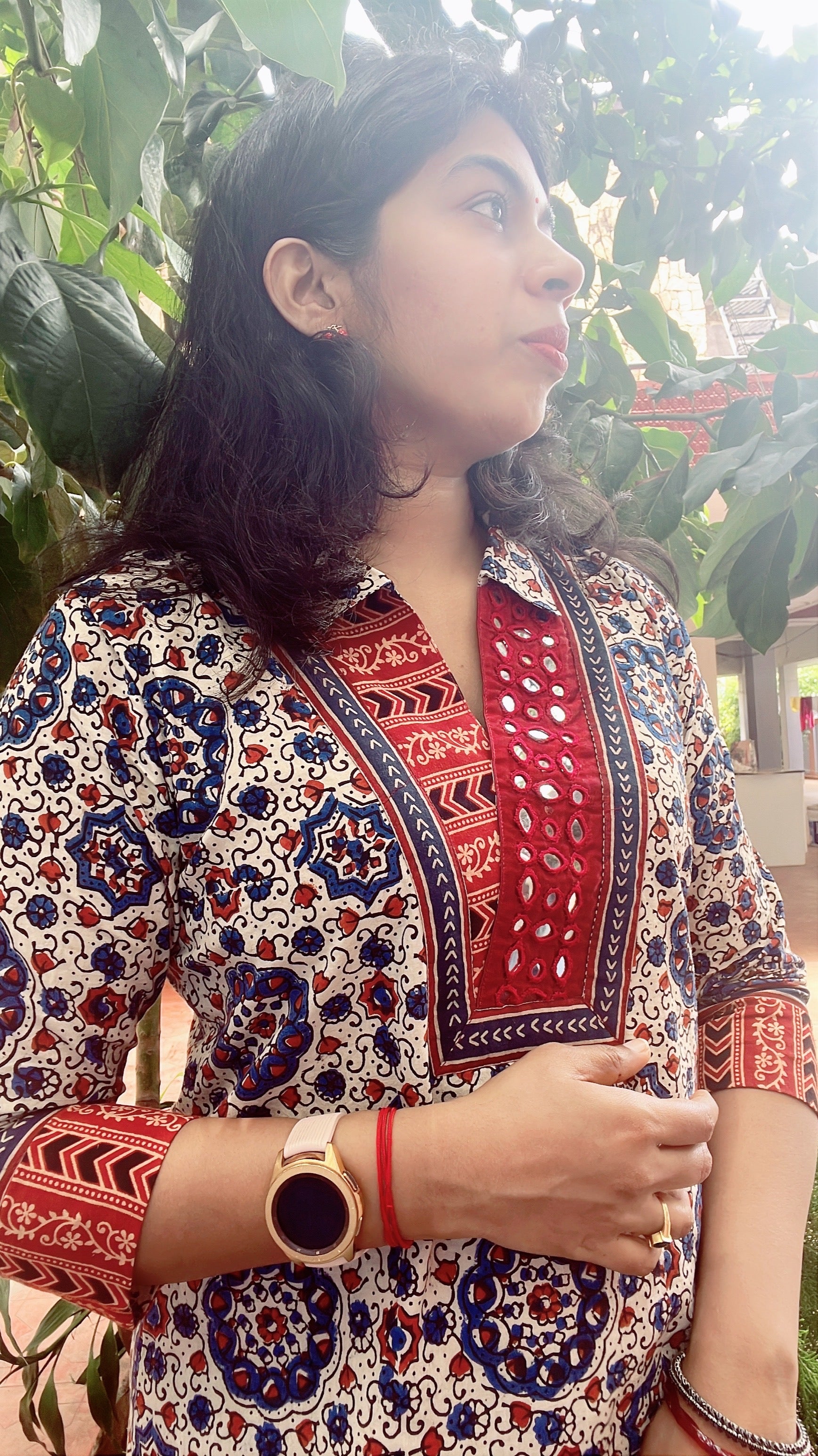 Cream with red ajrakh with real mirror work