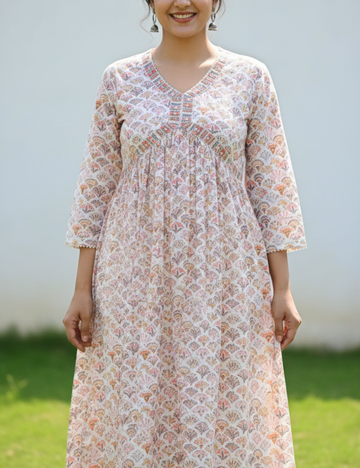 Alia Cut White Print Cotton Kurti