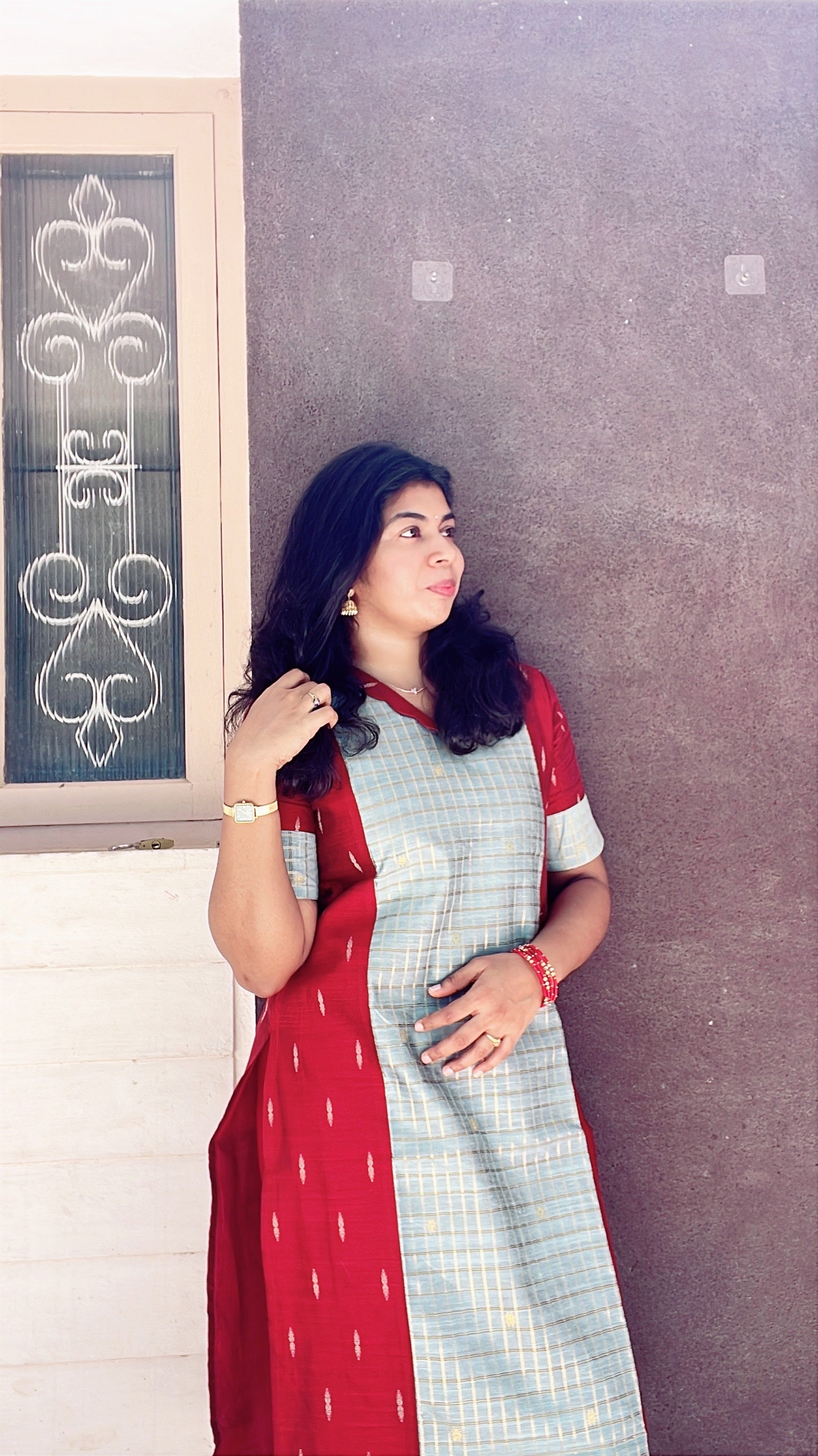 Maroon and pastel green raw silk kurti